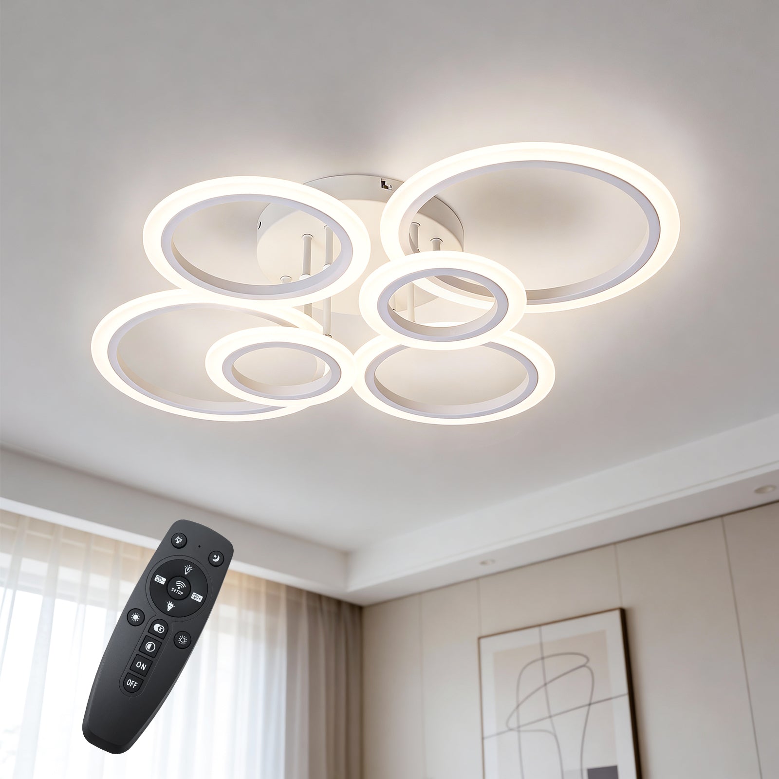 Modern LED Ceiling Light 6/8 Ring Dimmable Flush Mount Light Remote App White CL-RWT