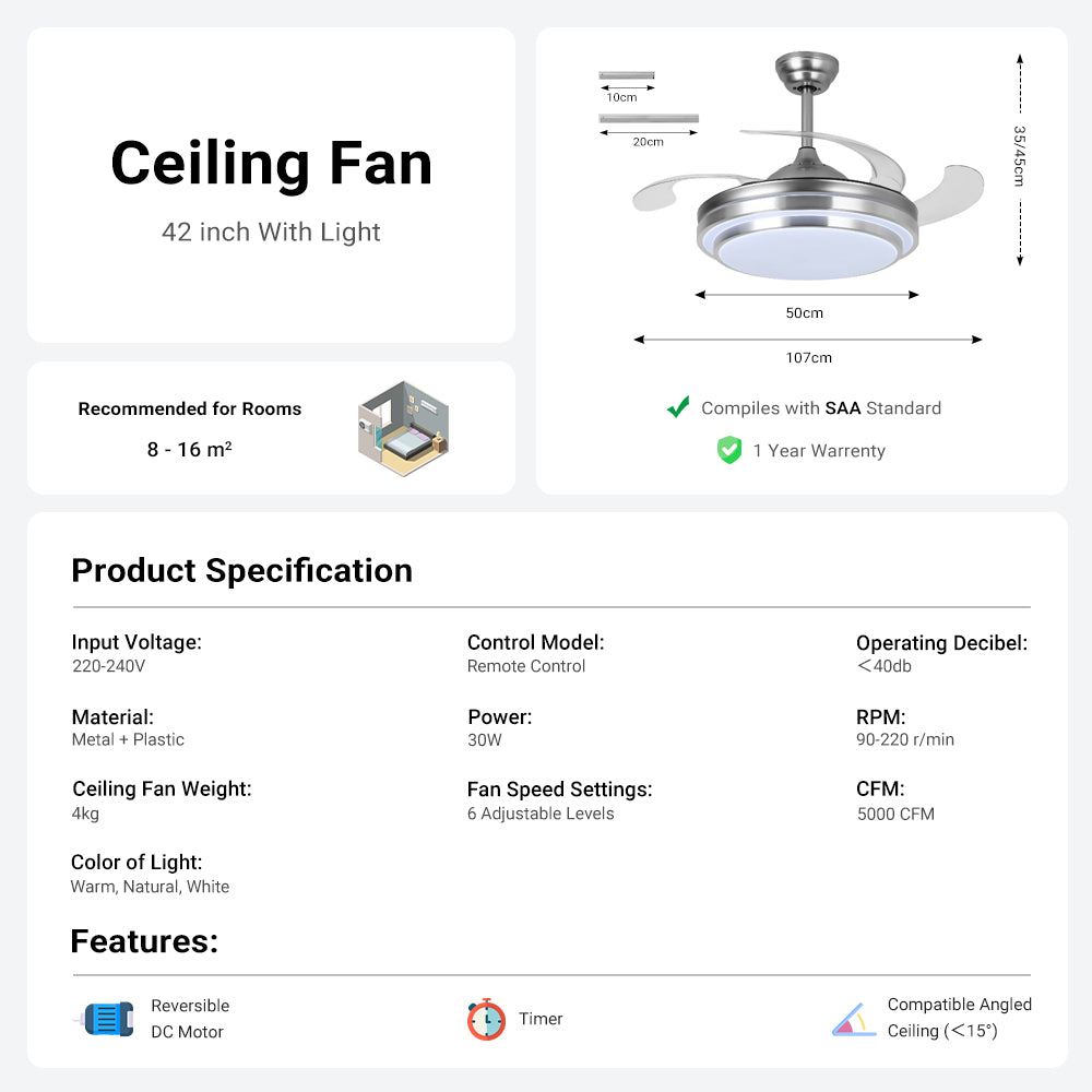 42'' Modern Silver Ceiling Fan with Light & Remote Control by USOR - Australian Ceiling Fan Store