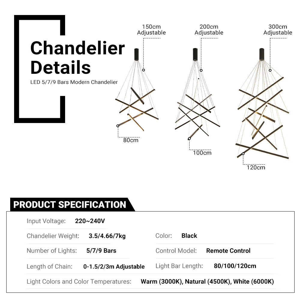 LED 7 Bars Modern Chandelier Dimmable Ceiling Pendant Adjustable Light