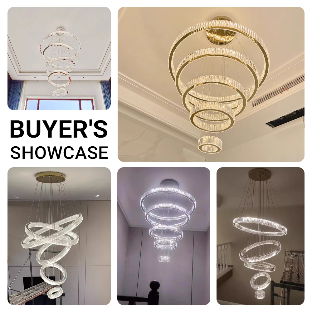 5 Rings Crystal Chandelier Modern LED Stair High Ceiling CL-5RCCS