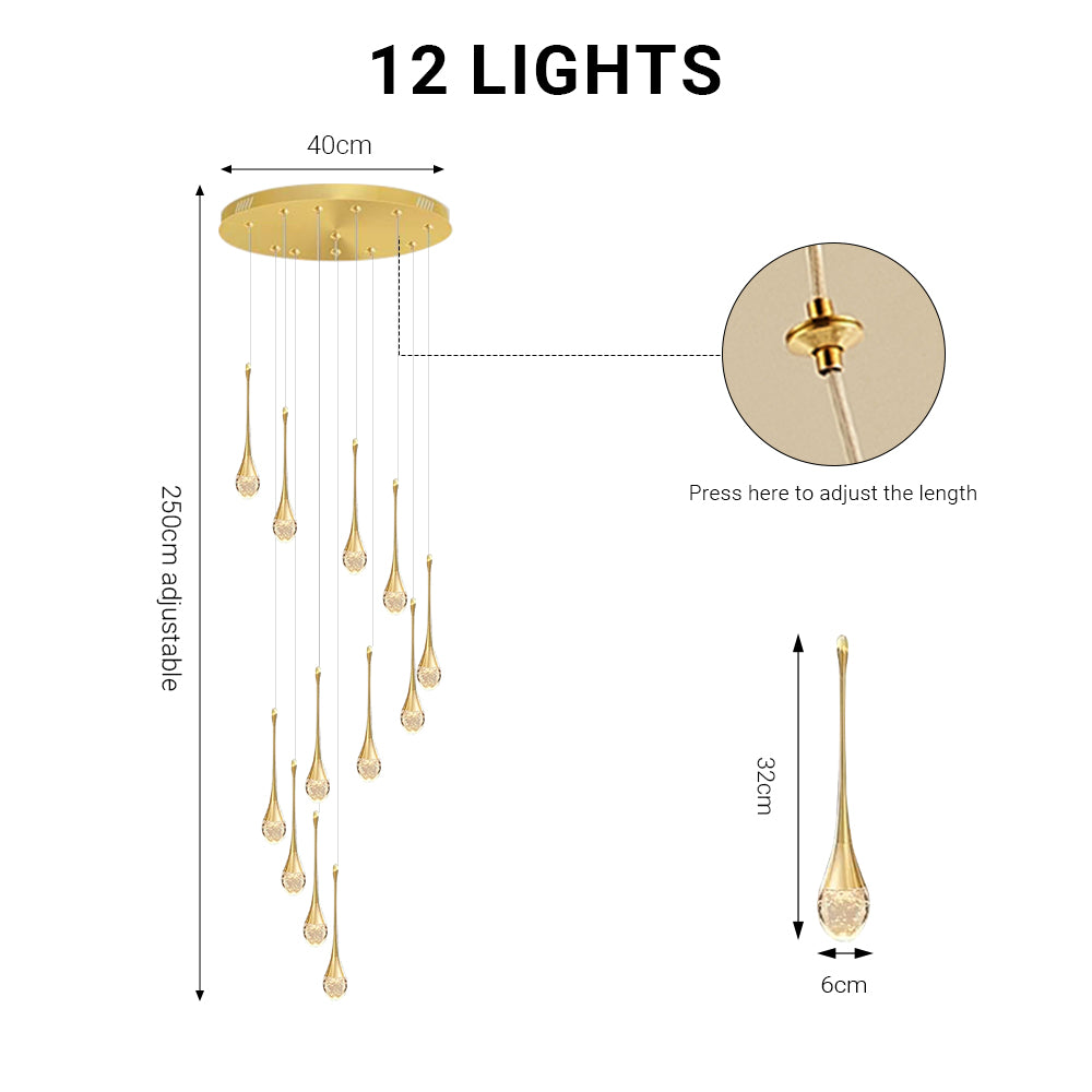 Modern 12/18 Lights Staircase Chandelier Gold Raindrop Pendant Chandelier Lights