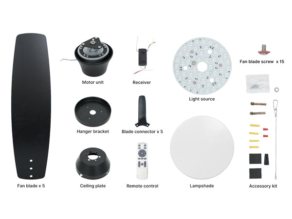 Ceiling Fan with Light 52" DC Motor 5 Wood Blades Black CF-52JYFB