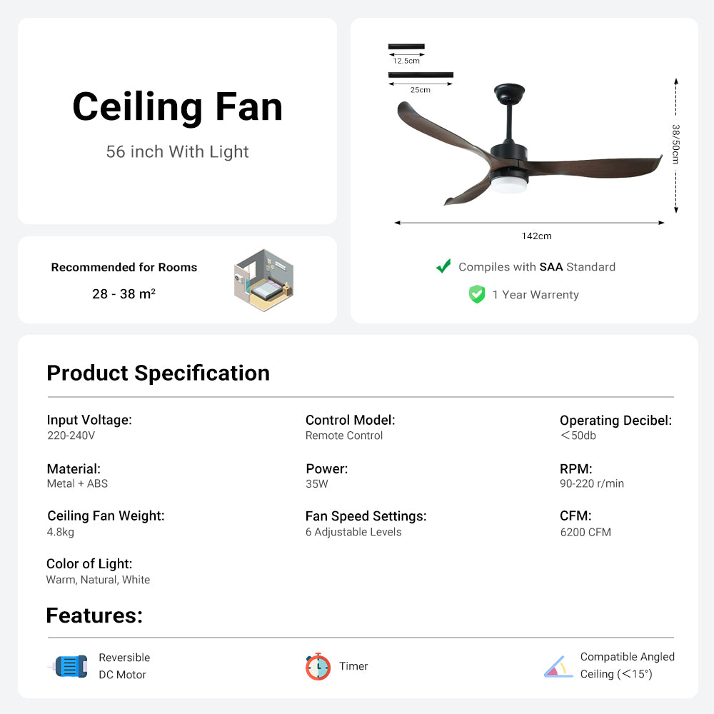 56" Ceiling Fan with Light with Light by USOR - Australian Chandelier Store