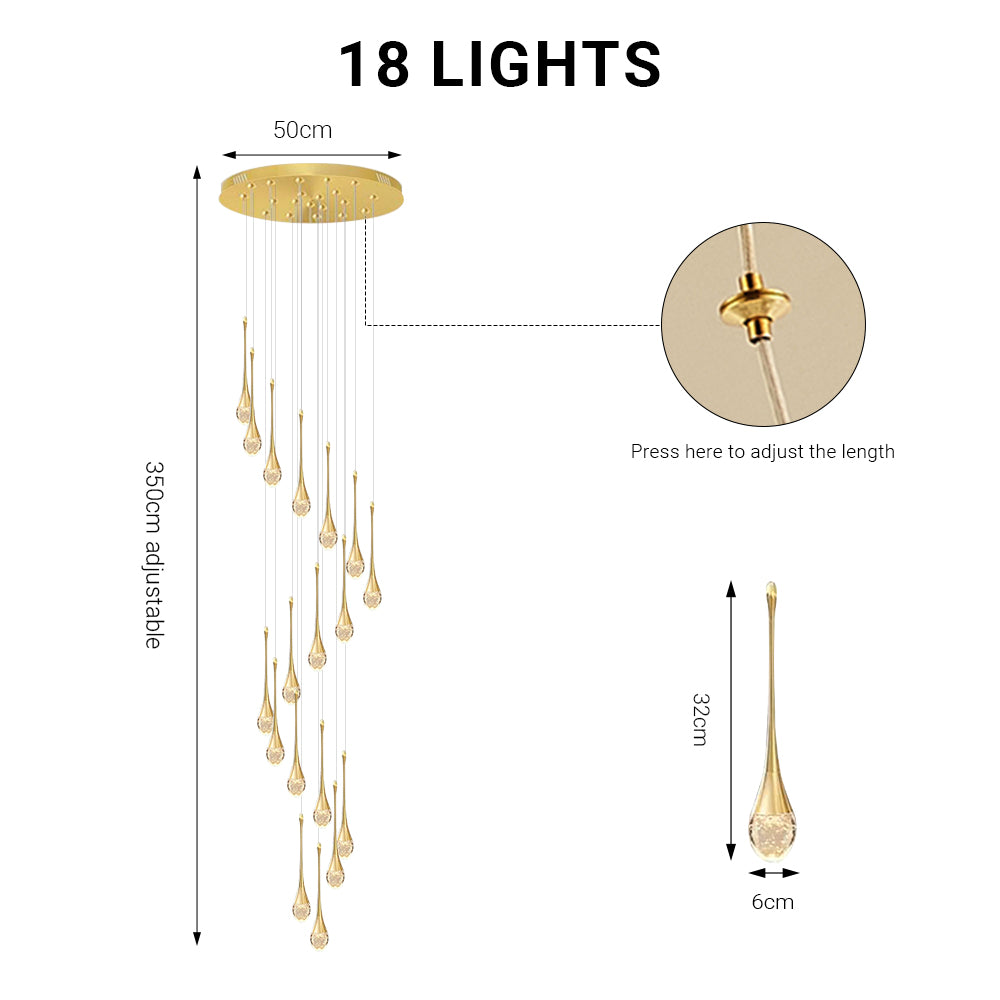 Modern 12/18 Lights Staircase Chandelier Gold Raindrop Pendant Chandelier Lights