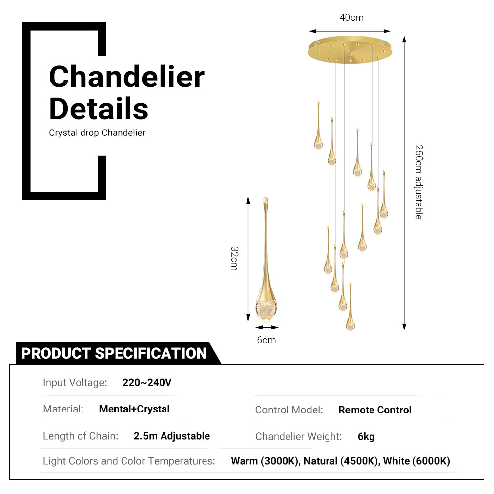 Modern 12/18 Lights Staircase Chandelier Gold Raindrop Pendant Chandelier Lights