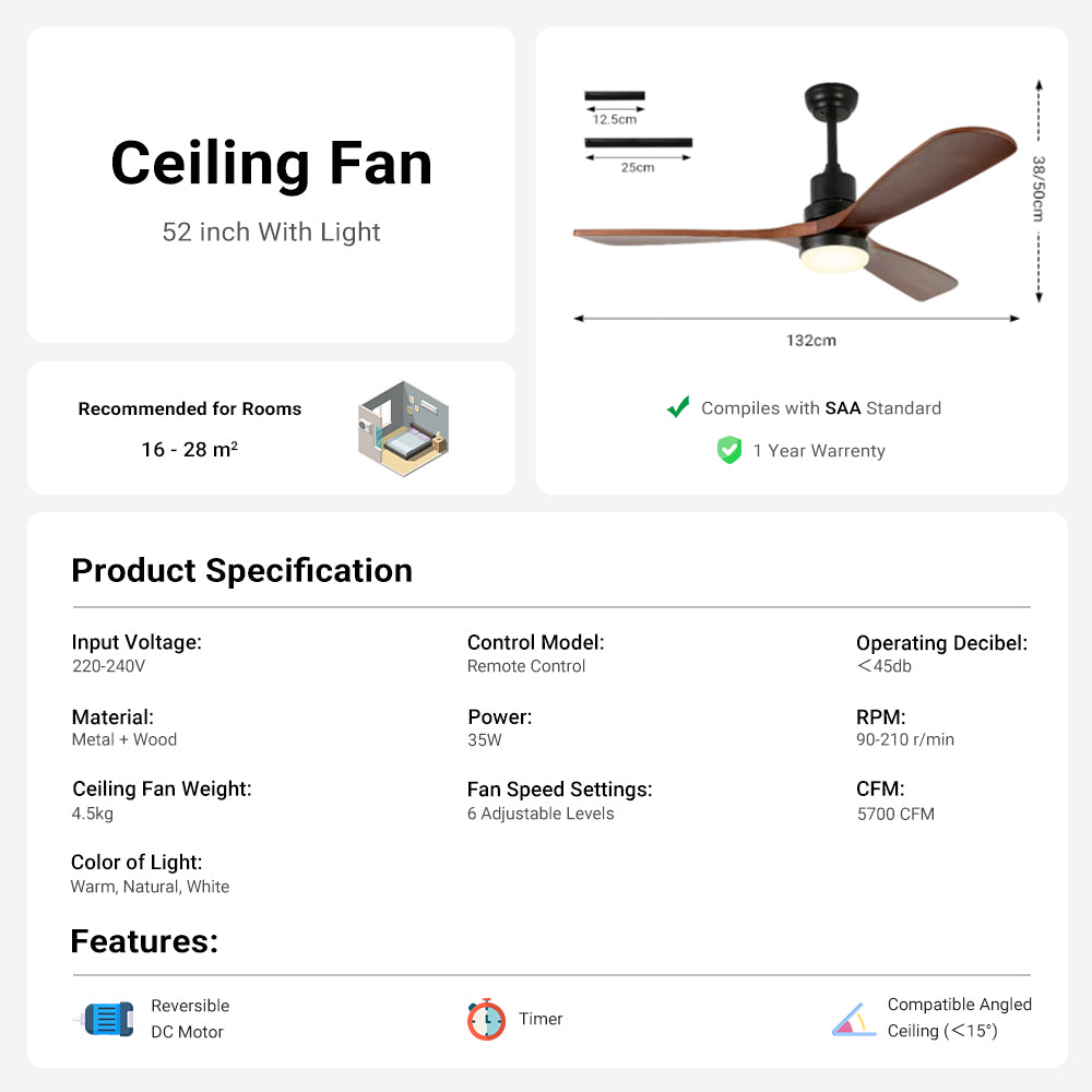 52'' Modern Black&Brown Ceiling Fan with Light & Remote Control CF-5201