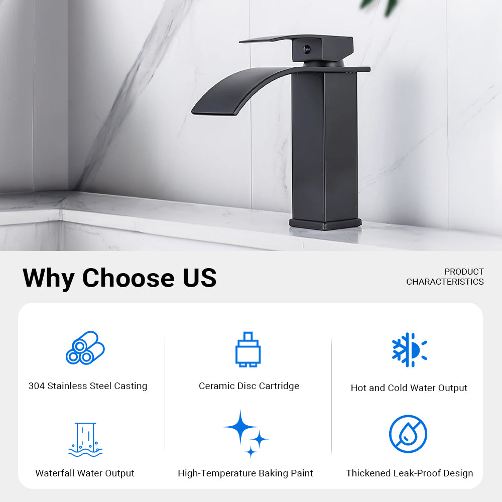 Square Waterfall Faucet Spout Basin Vanity Mixer Tap Single Handle Bathroom