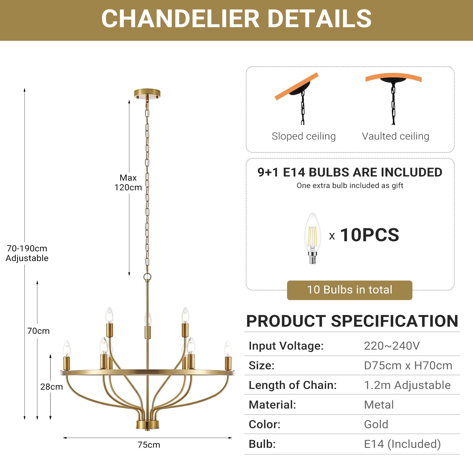 9 Lights Candle Chandelier Gold Farmhouse & Industrial Pendant CL-9HCCG
