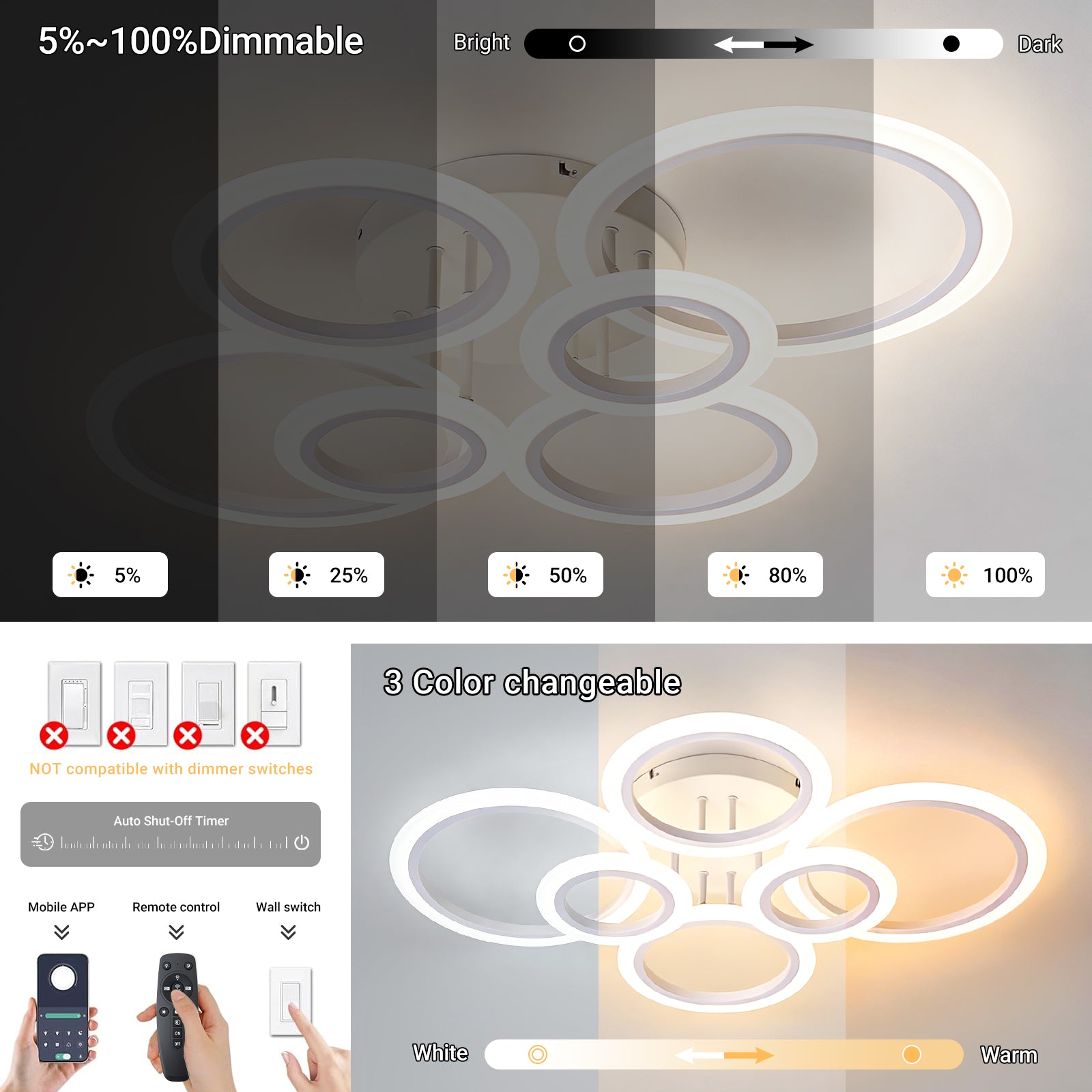 Modern LED Ceiling Light 6/8 Ring Dimmable Flush Mount Light Remote App White CL-RWT