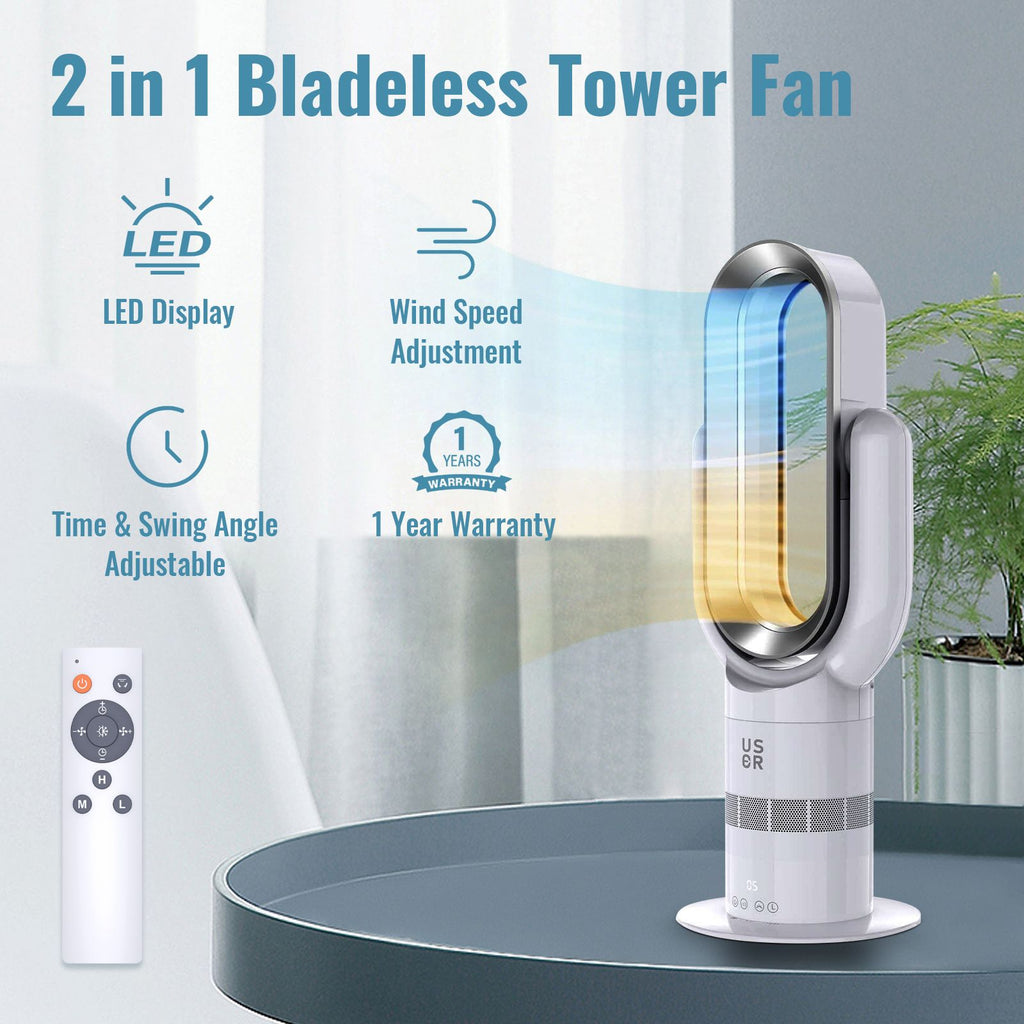 2in1 Bladeless Tower Fan Heating Cooling Fan Timer With LCD Touch Remote Control