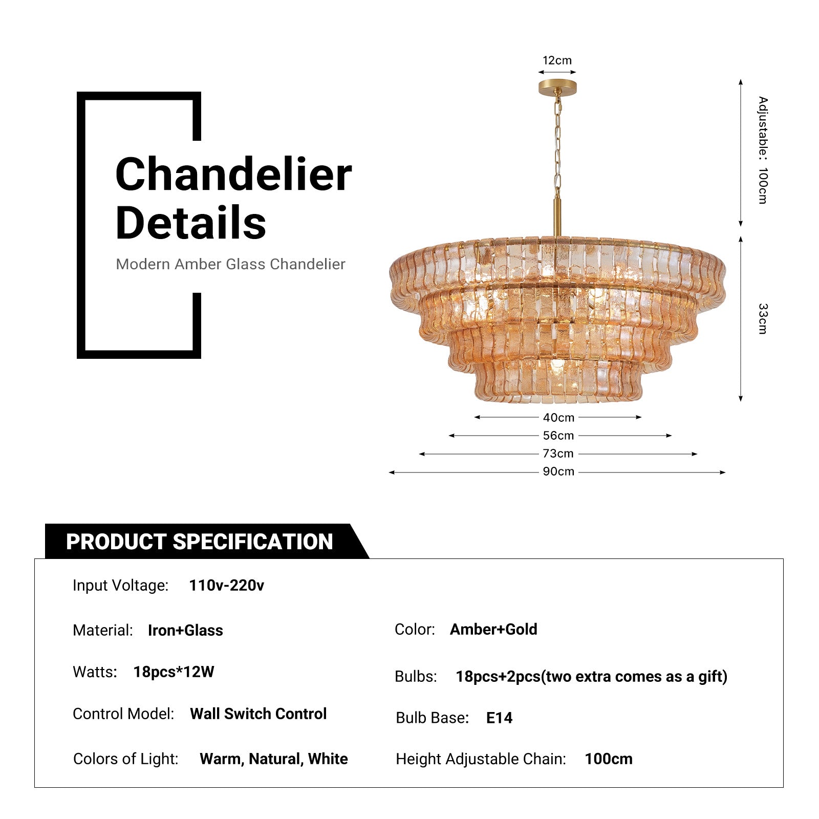 Large Gold Amber Glass Chandelier 18-Light Round Ceiling Pendant 4-Tier Fixture CL-LAC4