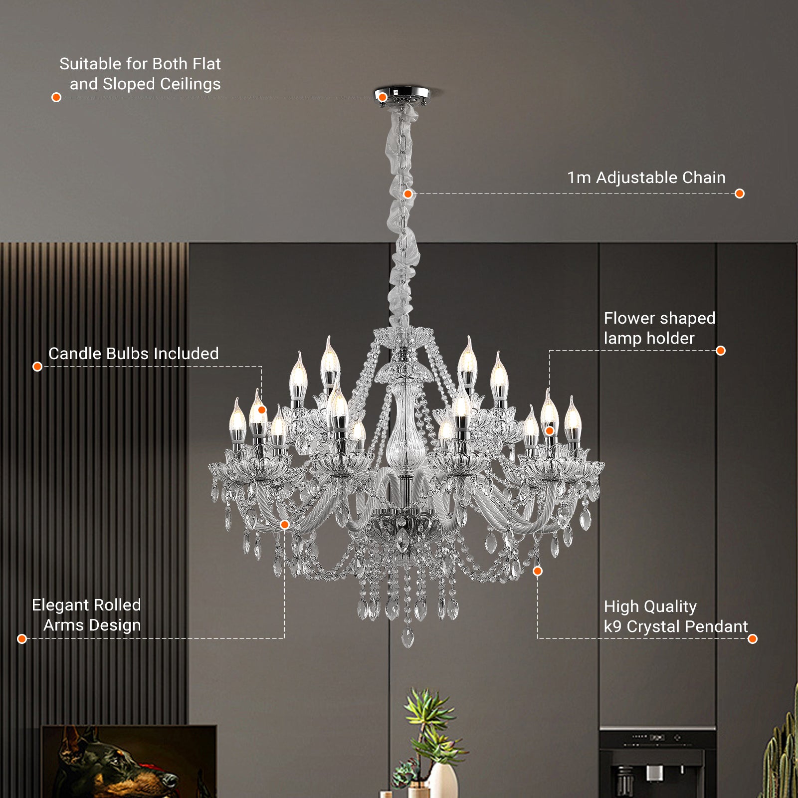 15 Lights Crystal Chandelier Large Ceiling Pendant Light CL-WCC15