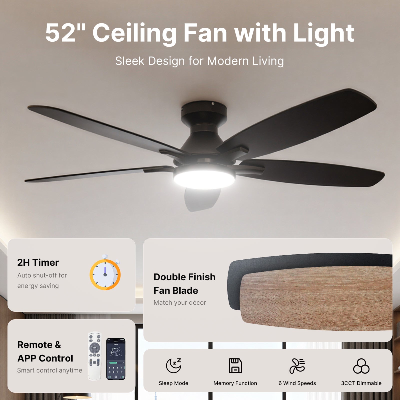 Ceiling Fan with Light 52" DC Motor 5 Wood Blades Black CF-52JYFB