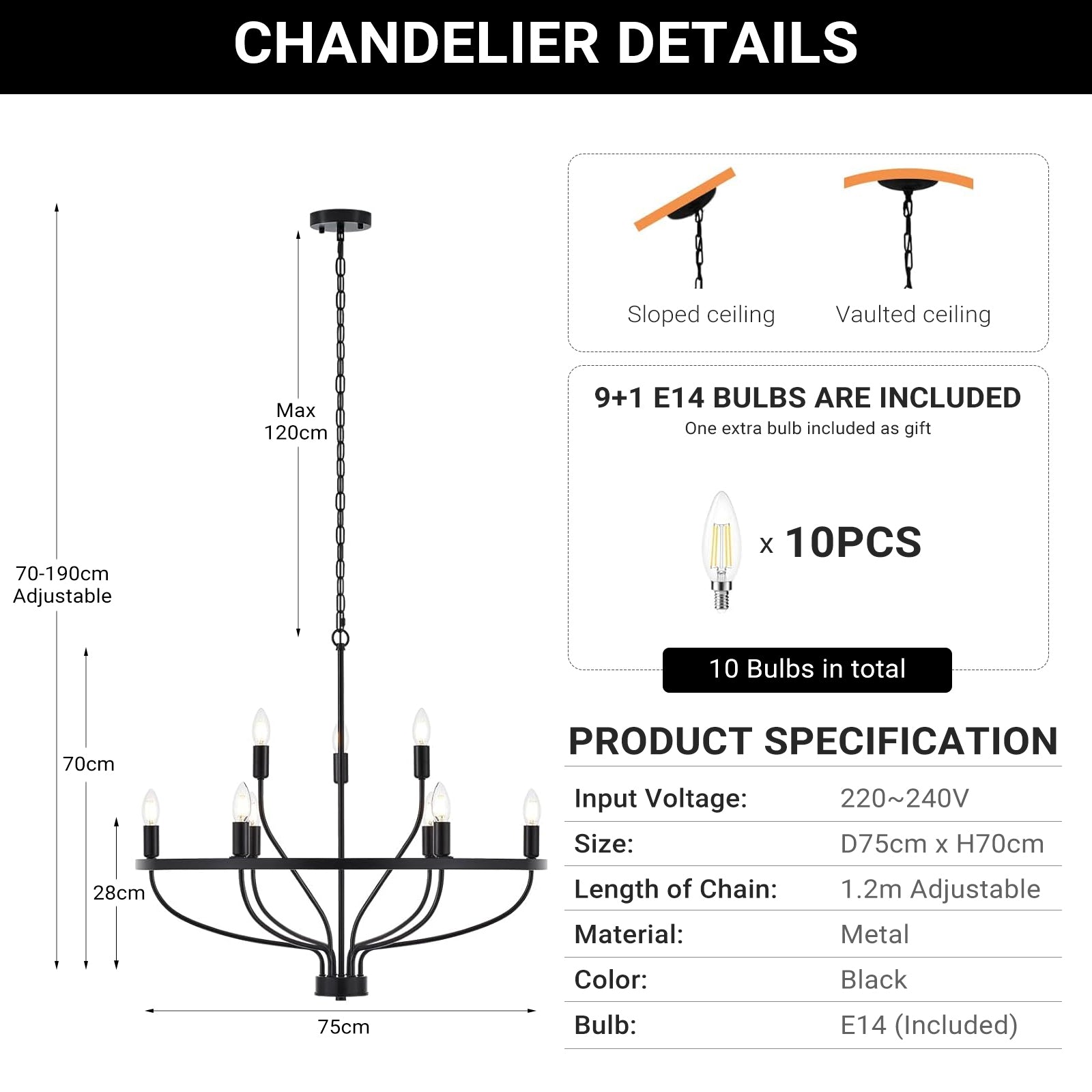 9 Lights Candle Chandelier Black Farmhouse & Industrial Pendant CL-9HCCB