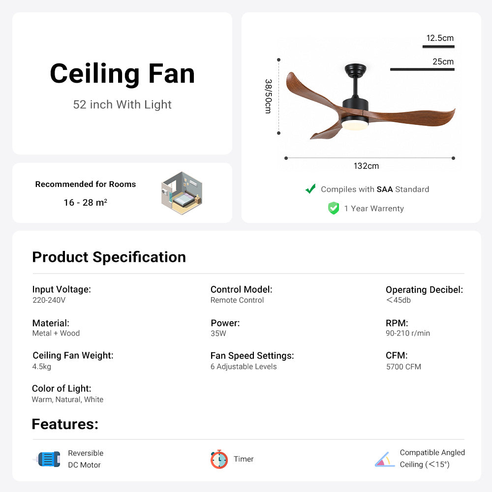 52" Ceiling Fan with Light Designer Black&Brown ABS Blades CF-5211