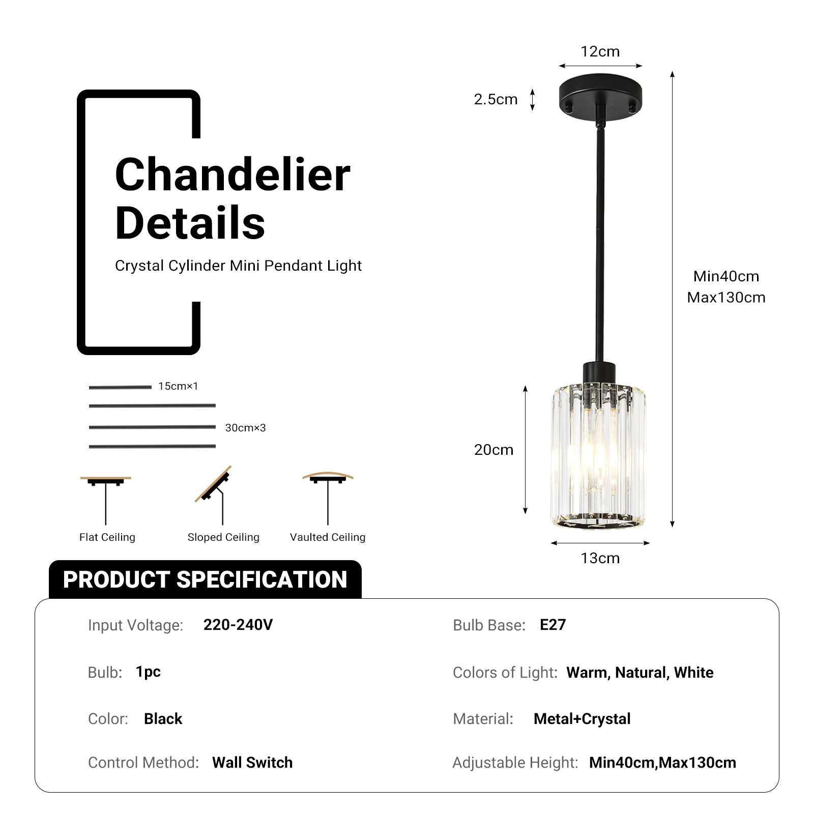 Modern Crystal Pendant Light Mini Chandelier Hanging Lamp Black CL-SCL