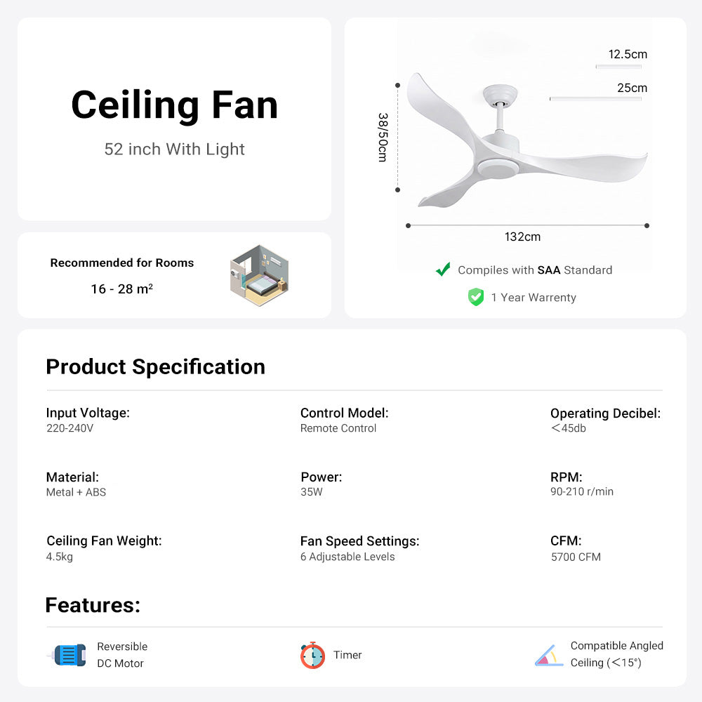 52" Pure White Ceiling Fan Remote Control 3 ABS Blades Timer CF-5216