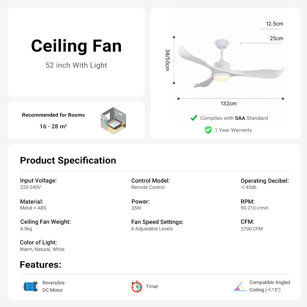 52'' Ceiling Fan with Light Designer Pure White  ABS Blades CF-5215