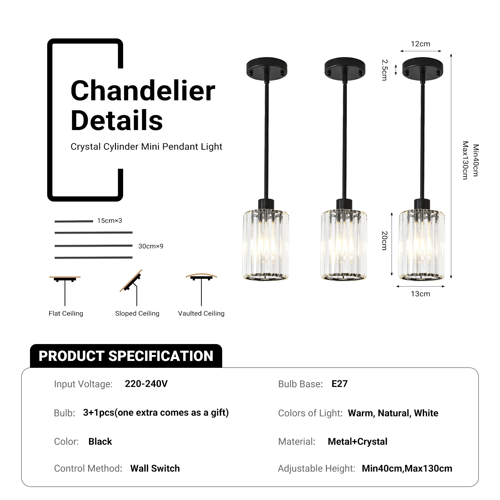 Modern Crystal Pendant Light Mini Chandelier Hanging Lamp Black CL-SCL