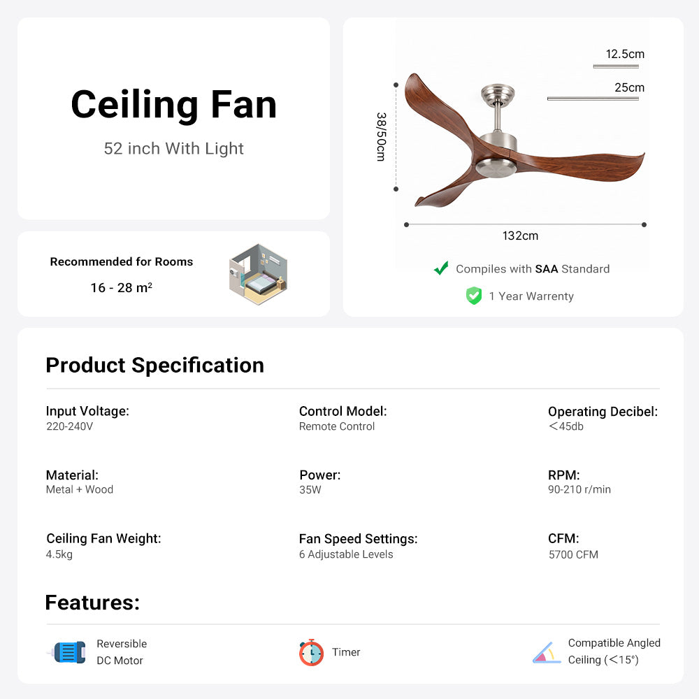 52"Silver&Brown Ceiling Fan Remote Control 3 ABS Blades Timer CF-5214