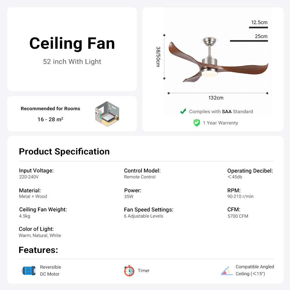 52" Ceiling Fan with Light Designer Silver&Brown ABS Blades CF-5213