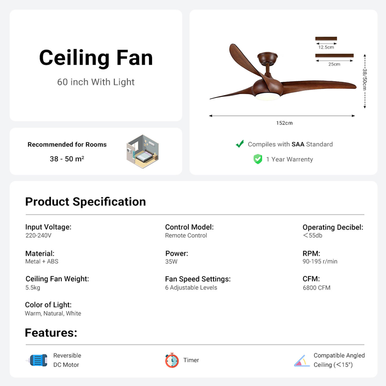 Ceiling Fan with LED Light 60" Brown ABS Blades Remote ControlCF-6005