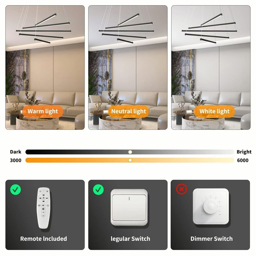 LED 5 Bars Modern Chandelier Dimmable Ceiling Pendant Adjustable Light
