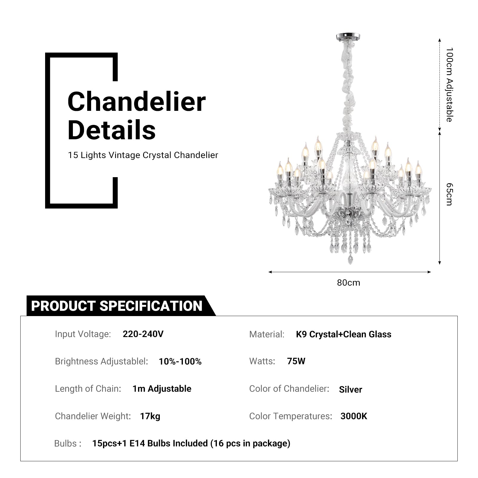 15 Lights Crystal Chandelier Large Ceiling Pendant Light CL-WCC15