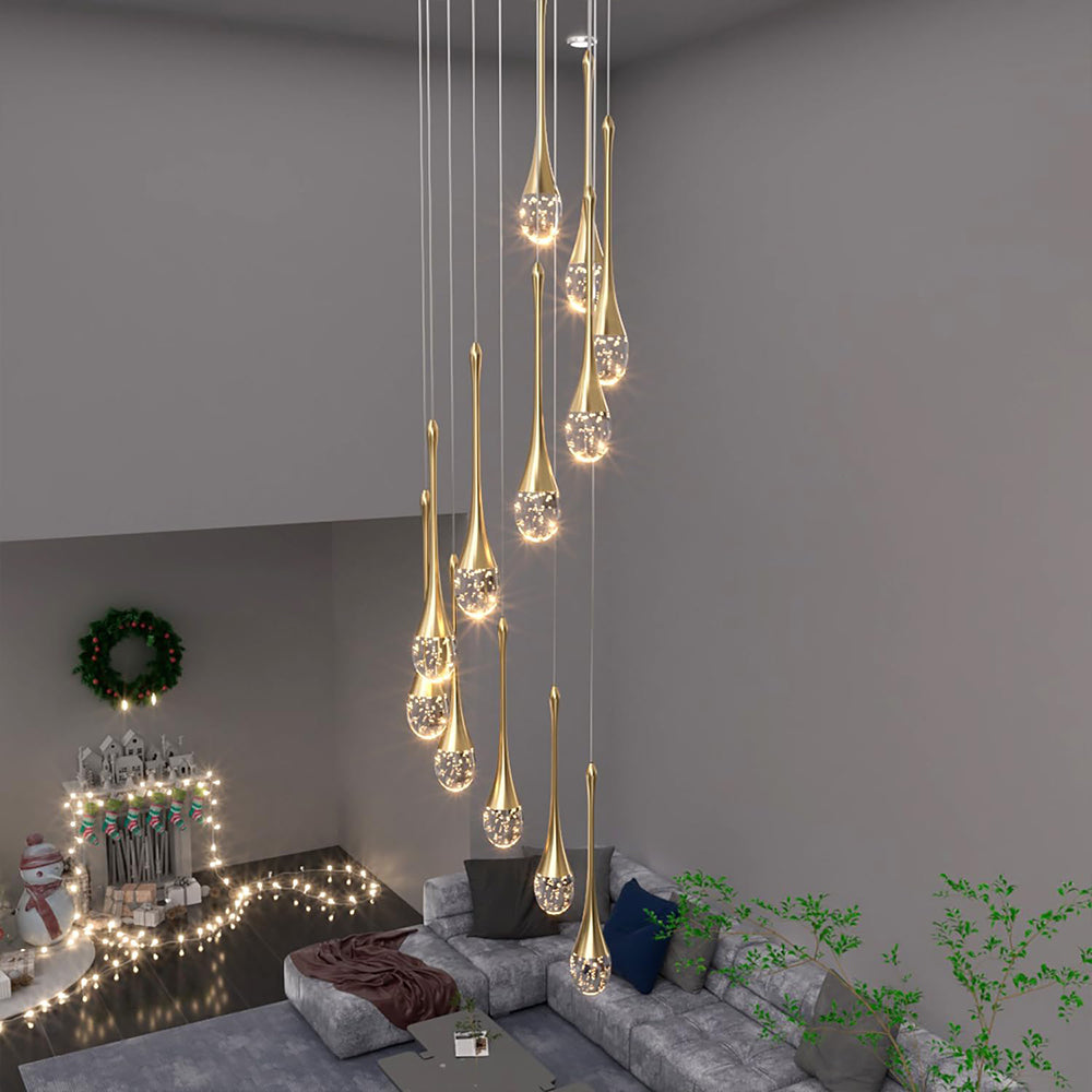 Modern 12/18 Lights Staircase Chandelier Gold Raindrop Pendant Chandelier Lights