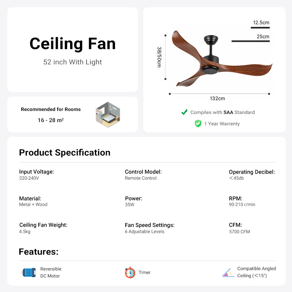 52" Black&Brown Ceiling Fan Remote Control 3 ABS Blades Timer CF-5212