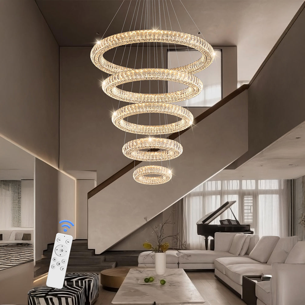 Modern 5 Rings Crystal Chandelier Lighting LED Staircase Lights for High Ceiling