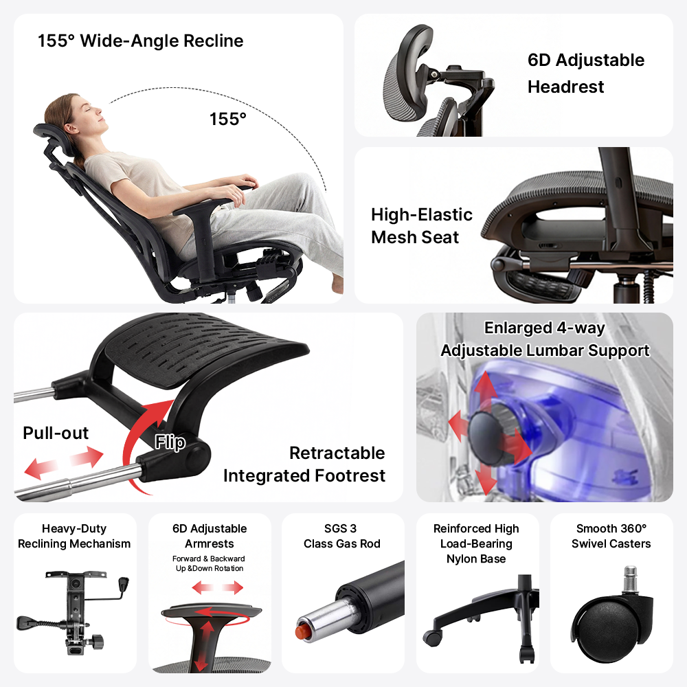 Ergonomic Office Chair Mesh Seat Adjustable Headrest Lumbar Support Recliner Footrest