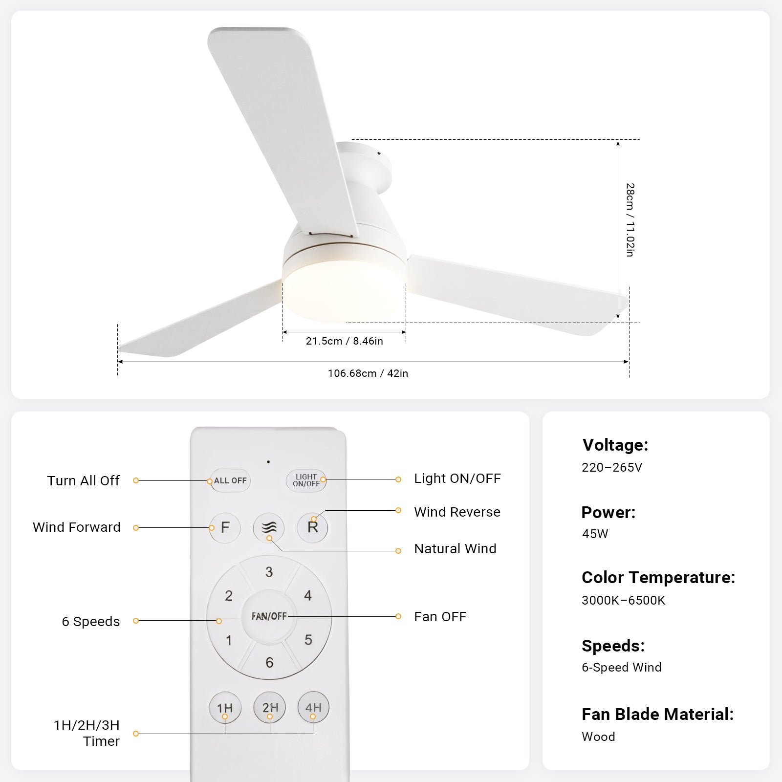 36/42" Low Profile Ceiling Fan with Light-White by USOR - Australian Ceiling Fan Store