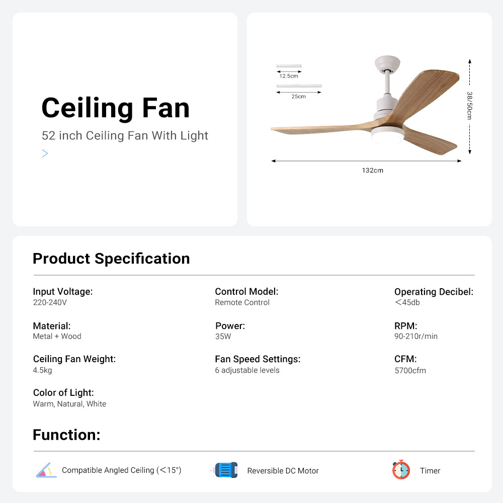 52'' Modern White&Brown Ceiling Fan with Light & Remote Control CF-5204