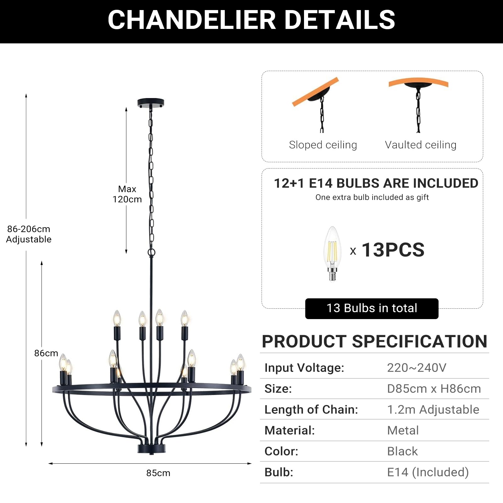 12 Lights Candle Chandelier Black Farmhouse & Industrial Pendant CL-12HCCB