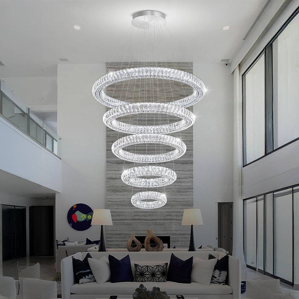 Modern 5 Rings Crystal Chandelier Lighting LED Staircase Lights for High Ceiling