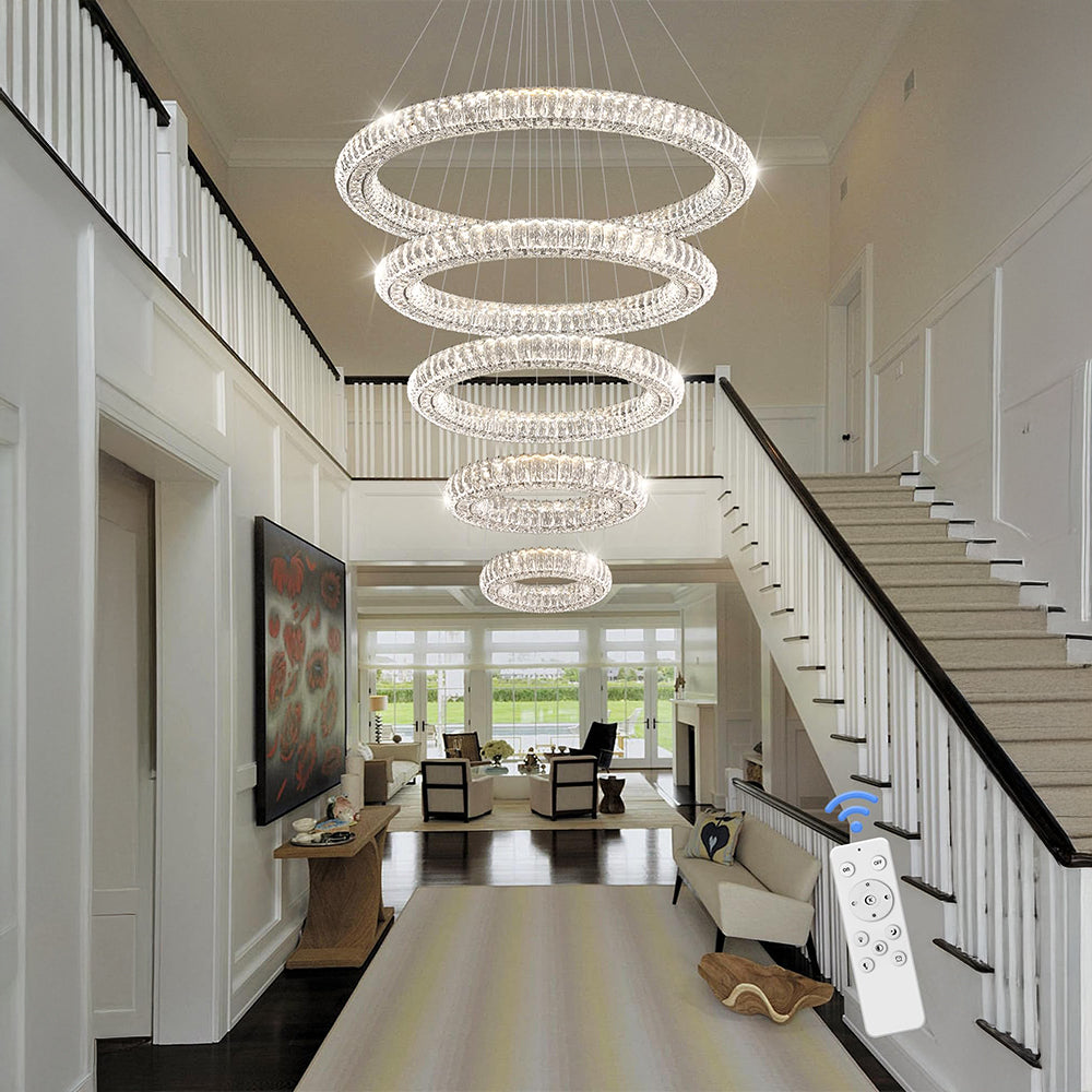 Modern 5 Rings Crystal Chandelier Lighting LED Staircase Lights for High Ceiling