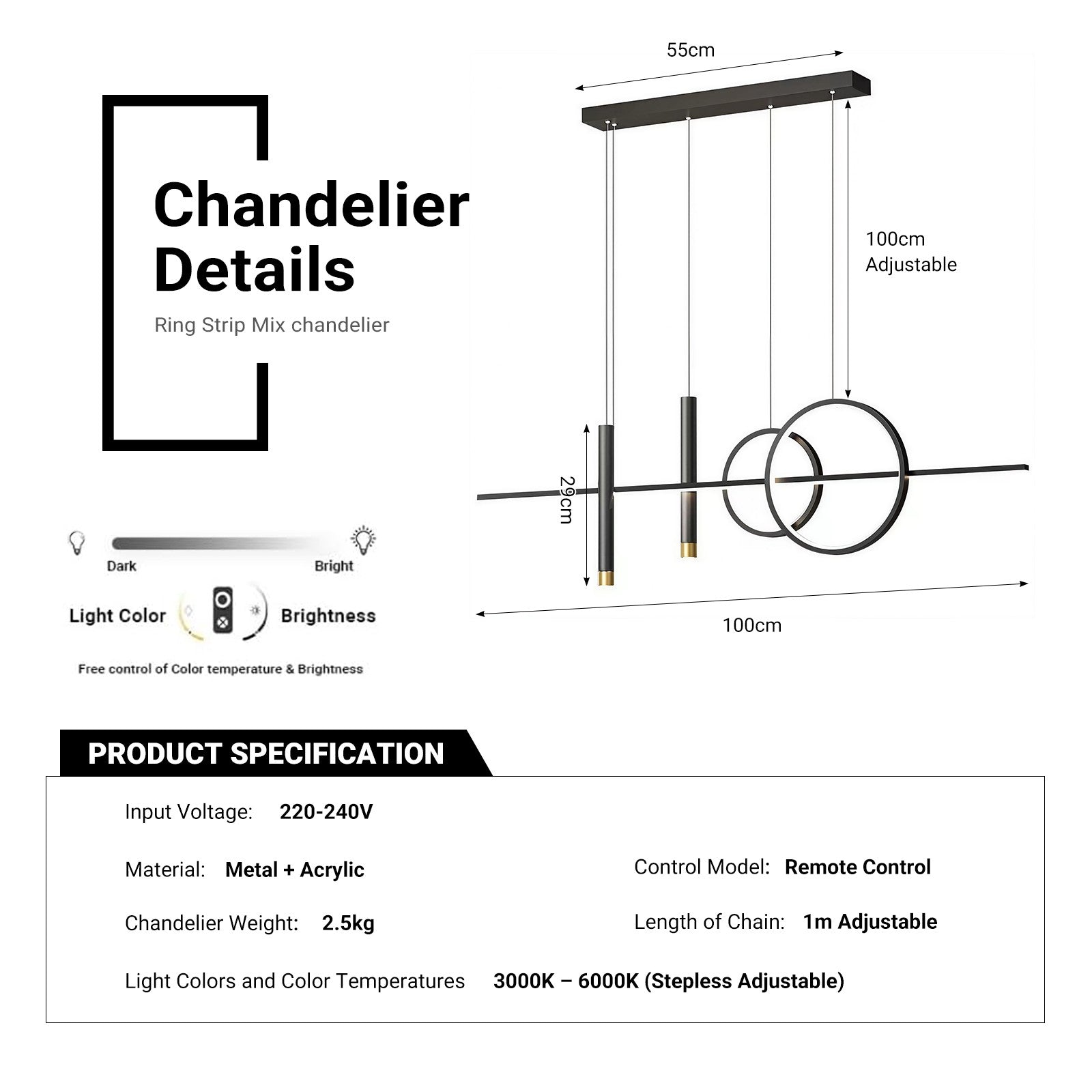 Ring Strip Mix LED Chandelier Adjustable Chain Metal Acrylic Modern Pendant Light CL-RSMC