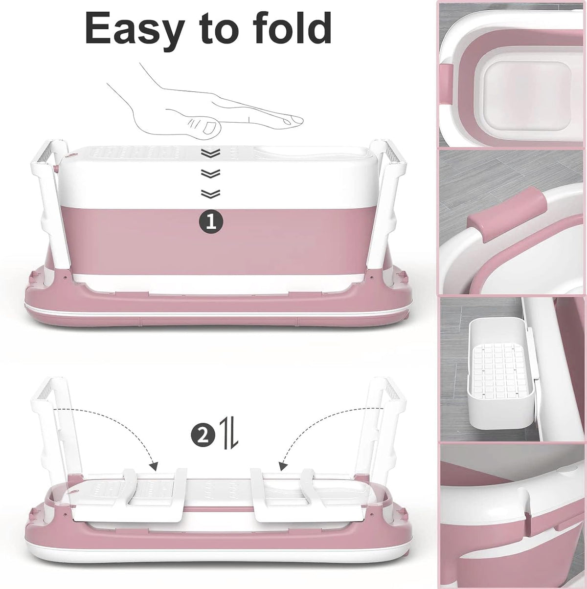 Adult Foldable Bathtub 120x62cm pink tub folding and storage diagram