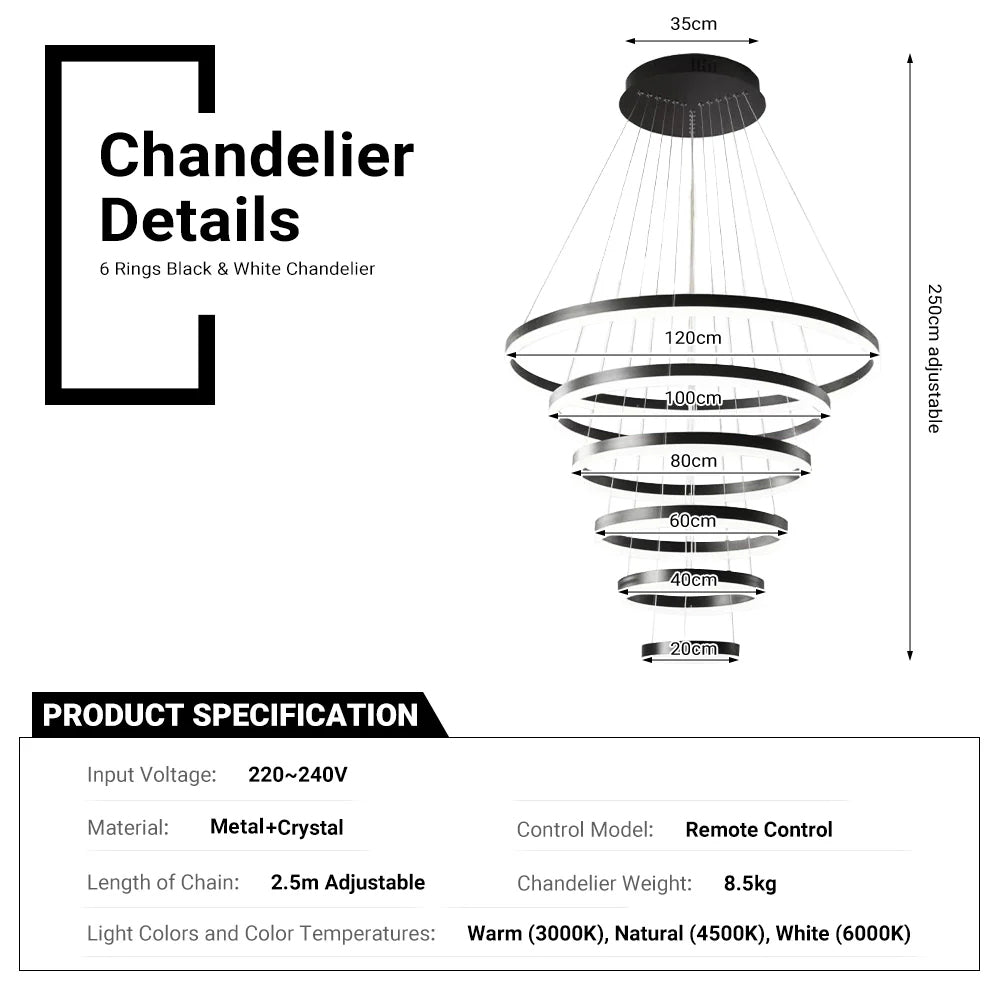 Modern Black&White 5/6 Rings Chandelier by USOR - Australian Chandelier Store