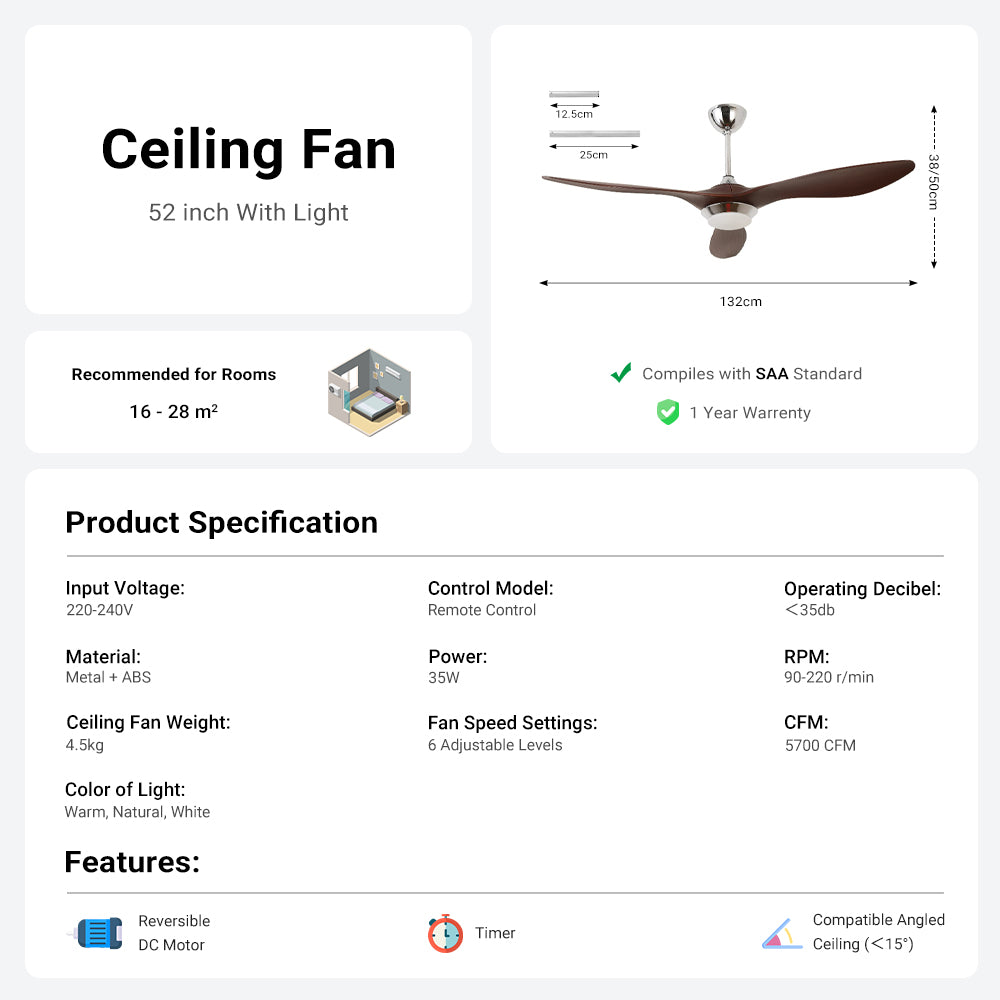 52'' Modern Silver&Brown Ceiling Fan with Light & Remote Control by USOR - Australian Ceiling Fan Store