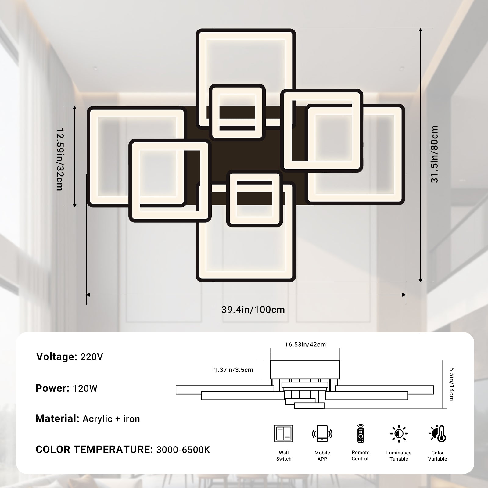 Modern LED Ceiling Light 6/8 Square Dimmable Flush Mount Light Remote App Black CL-SBK