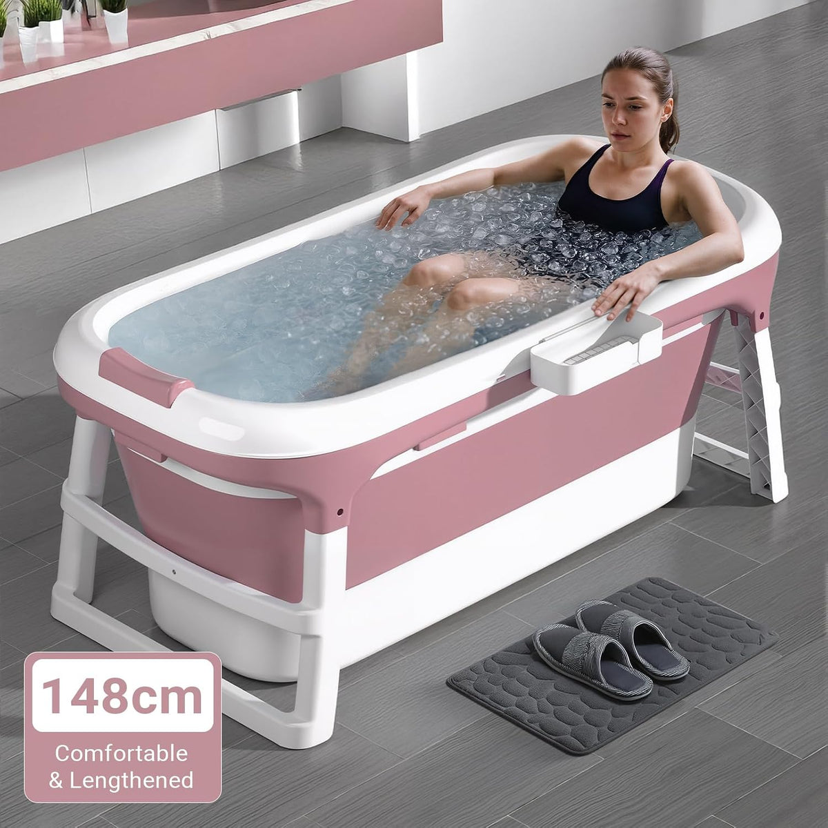 Adult Foldable Bathtub 148x62cm pink tub in use