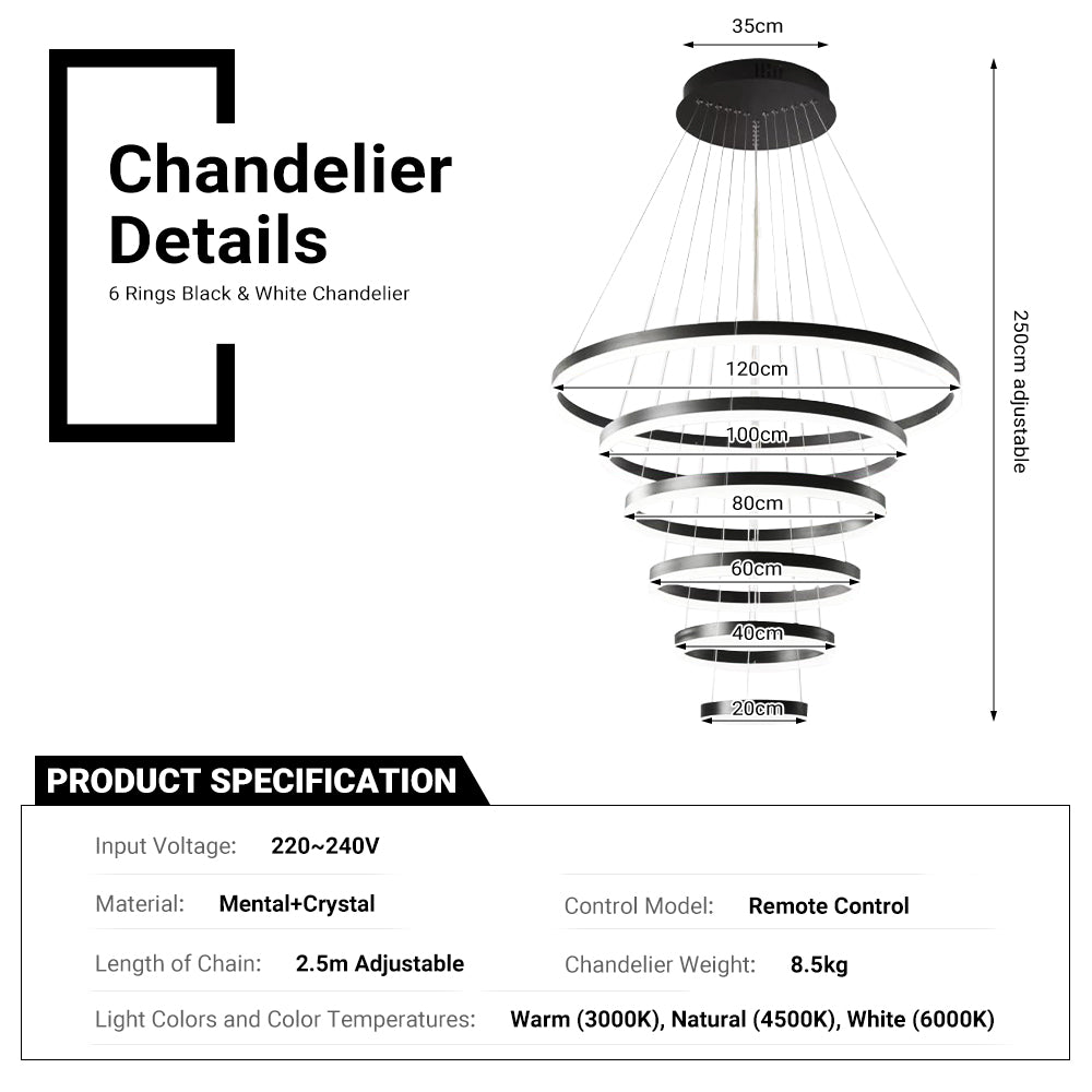 【DIY】Modern Black&White 5/6 Rings Chandeliers Colors Dimmable Home Ceiling Light