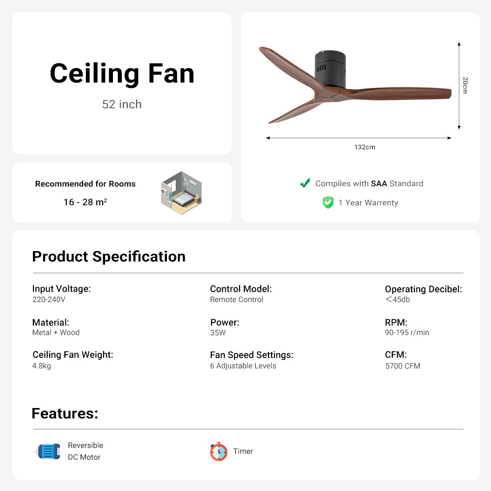 3 Wood Blades 52'' Ceiling Fan by USOR - Australian Ceiling Fan Store