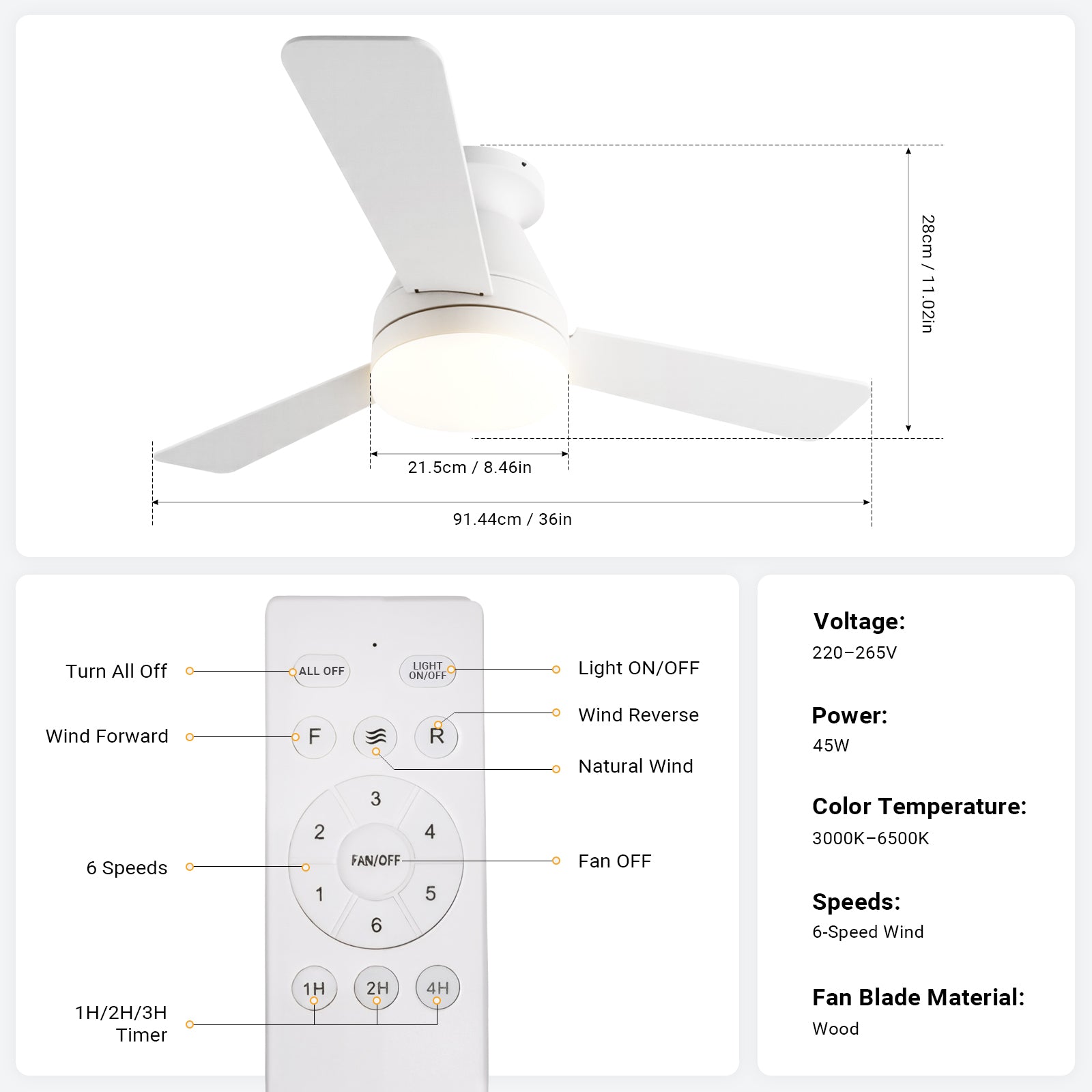 36/42" Low Profile Ceiling Fan with Light-White by USOR - Australian Ceiling Fan Store