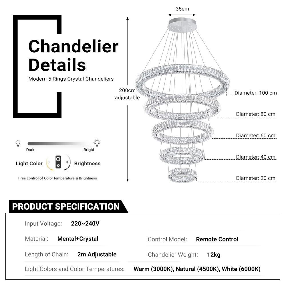 Modern 5 Rings Crystal Chandelier Lighting LED Staircase Lights for High Ceiling