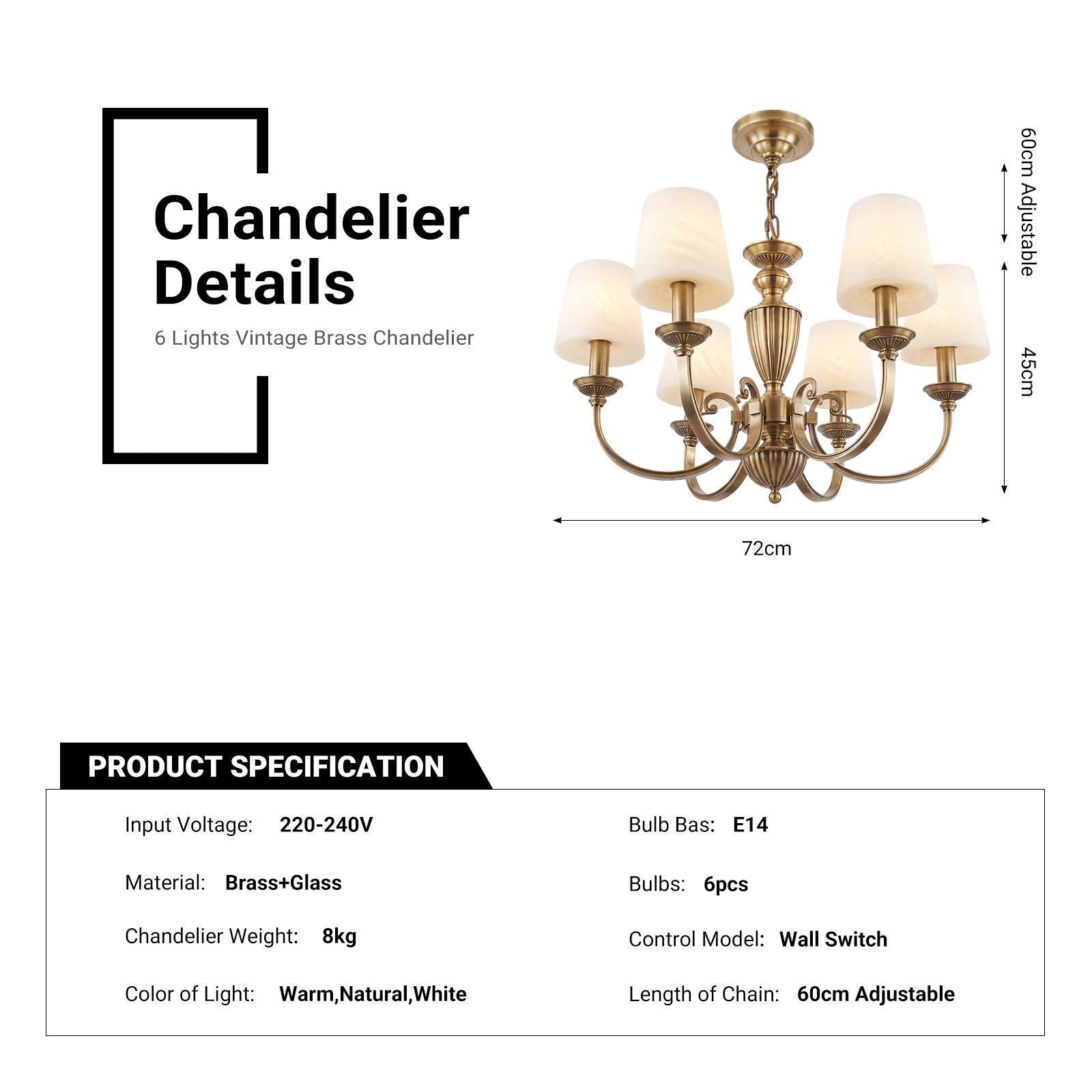 Solid Brass 6 Light Chandelier Antique Brass Pendant Lighting CL-VBC6