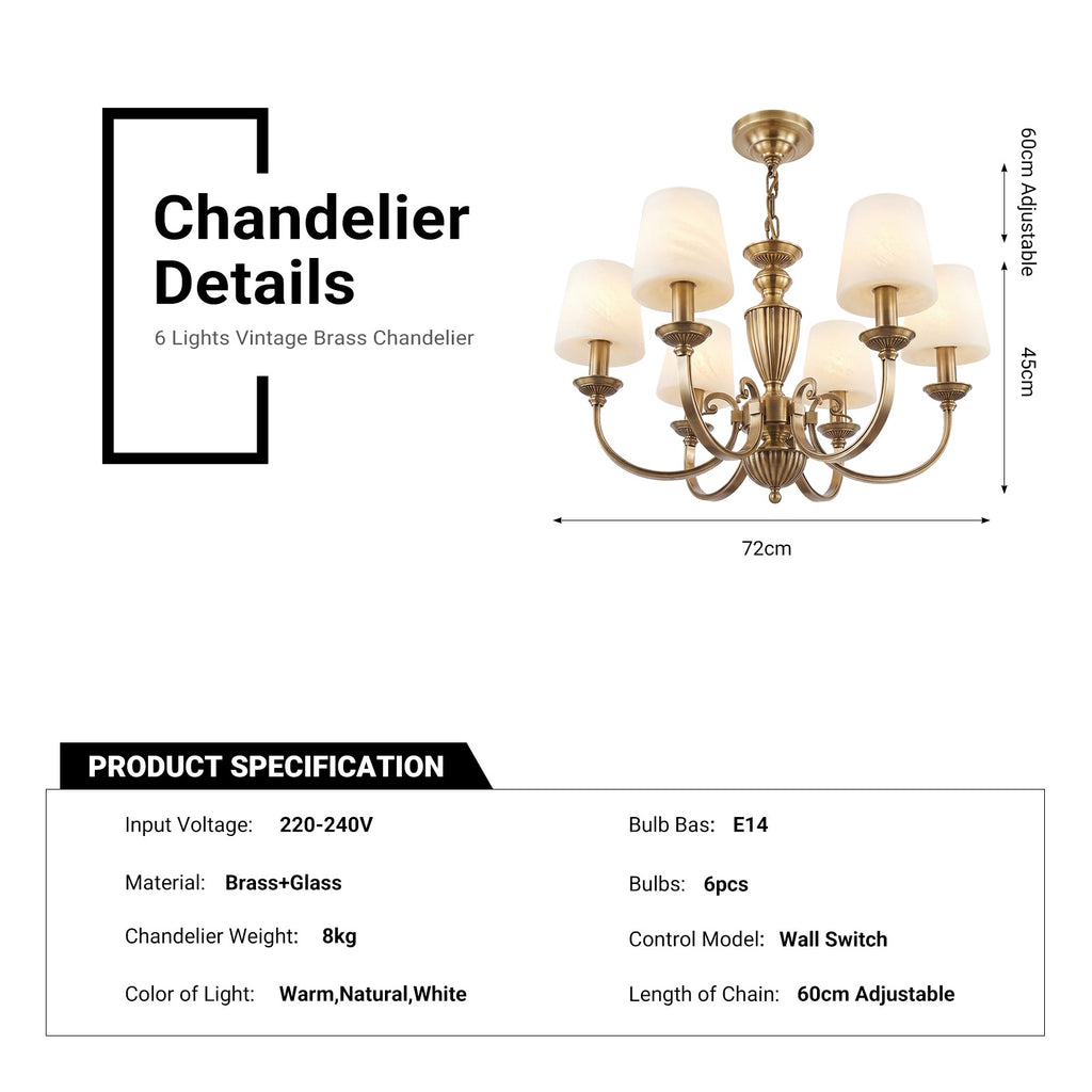 Solid Brass 6 Light Chandelier Antique Brass Pendant Lighting CL-VBC6