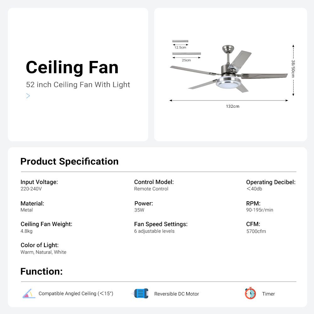 52'' Modern Silver Ceiling Fan with Light & Remote Control CF-5208